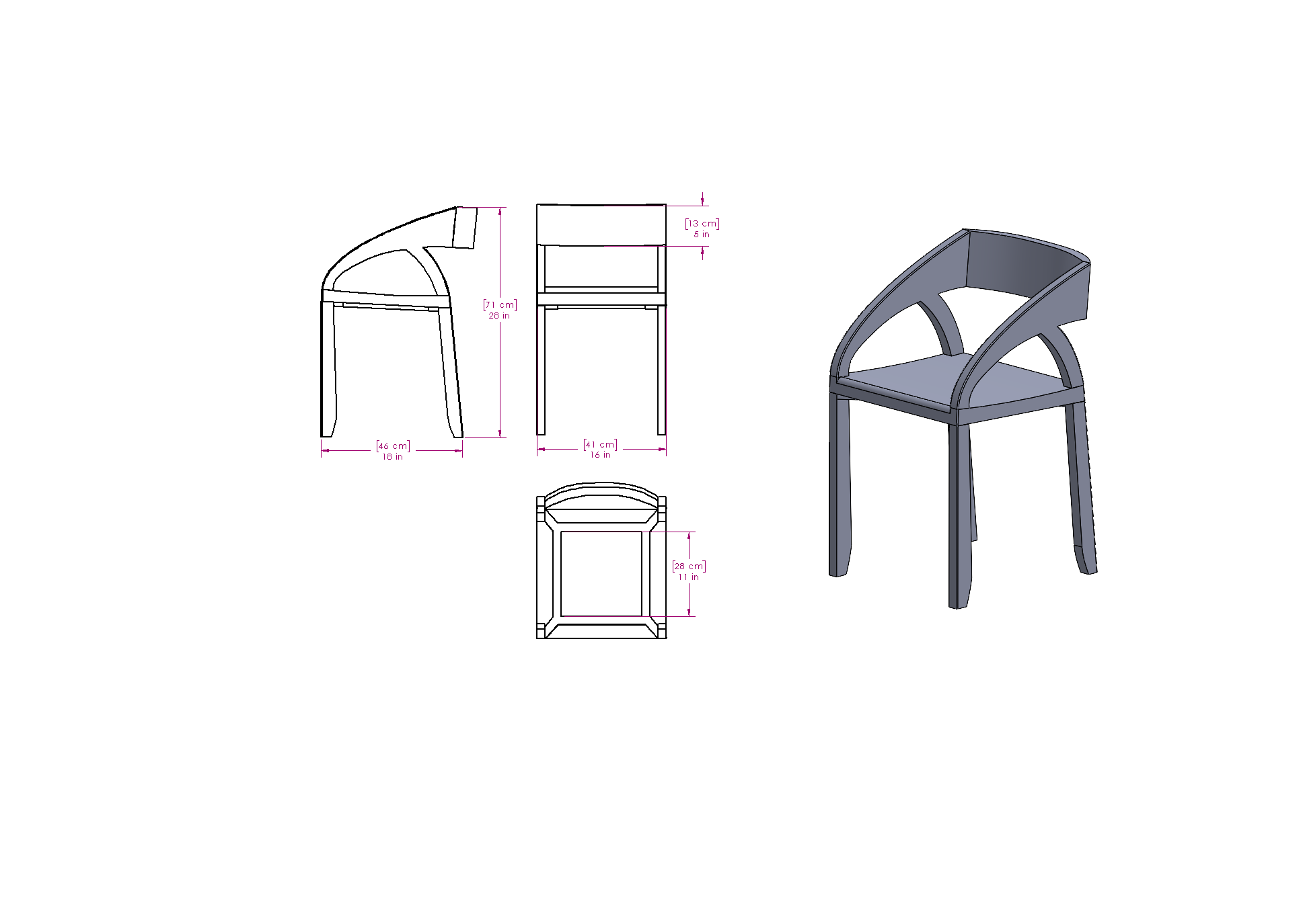Arco chair technical drawings: plan, front, side and perspective