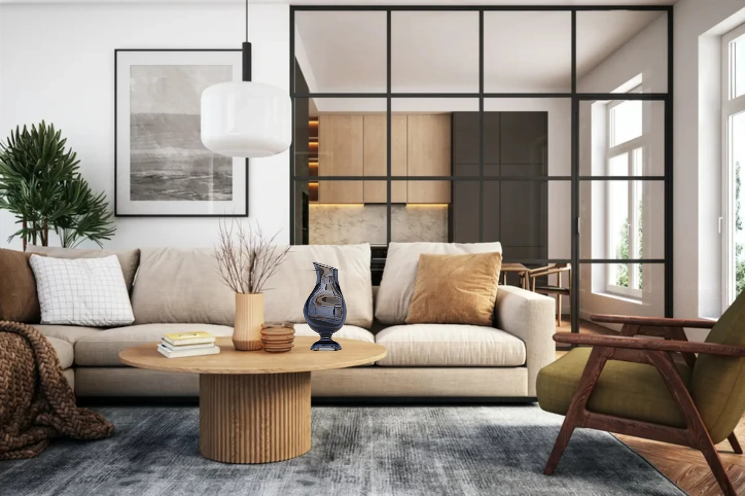 Oblique Vase rendered to scale in a living room