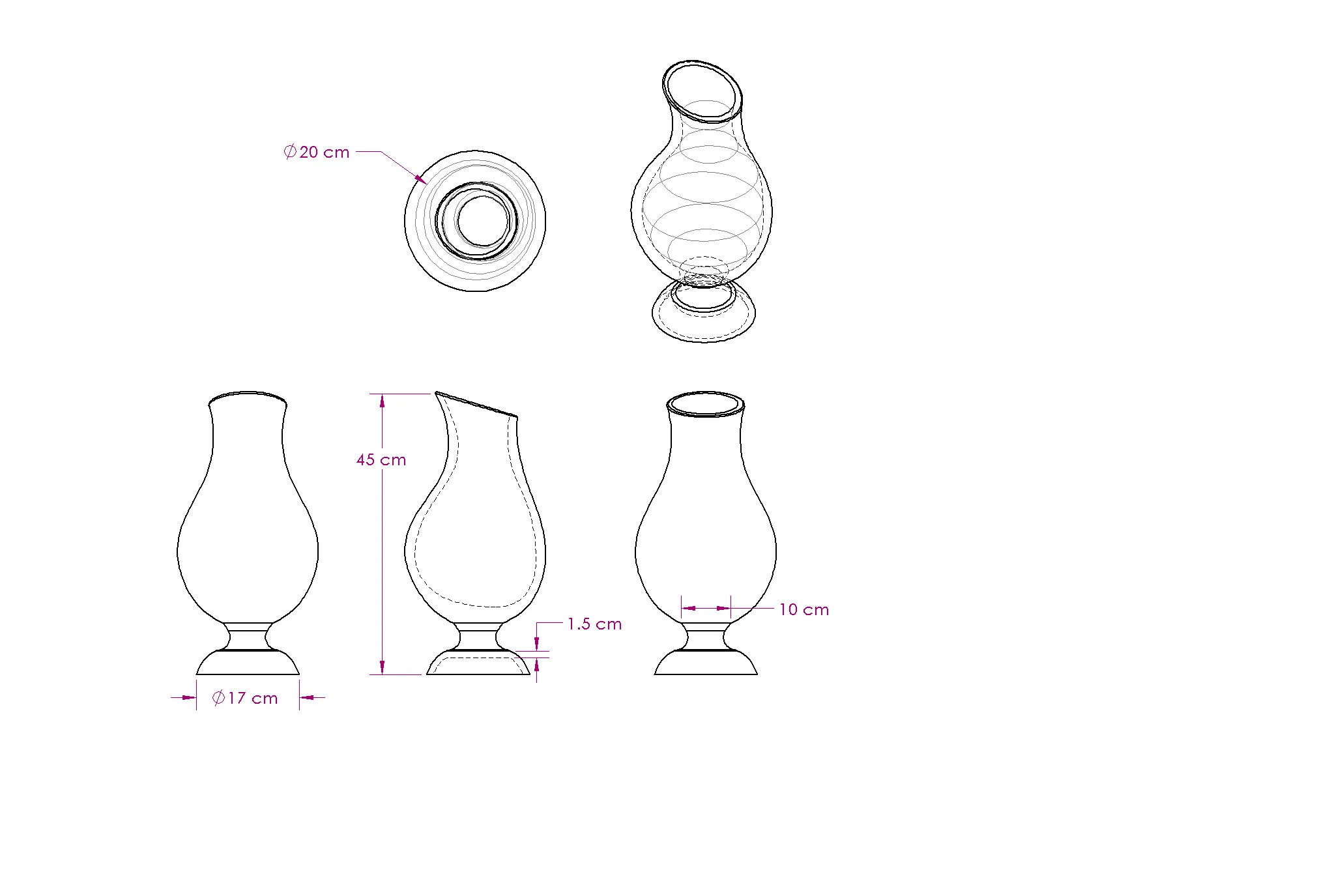 Oblique Vase technical drawings: front, side and base views